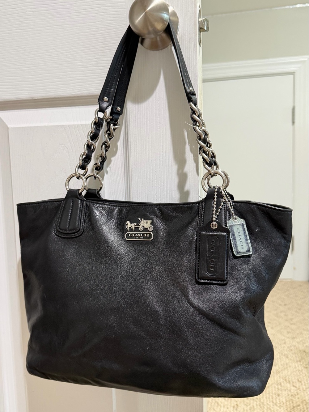 Coach Black Leather Tote with Silver Chain Accents
